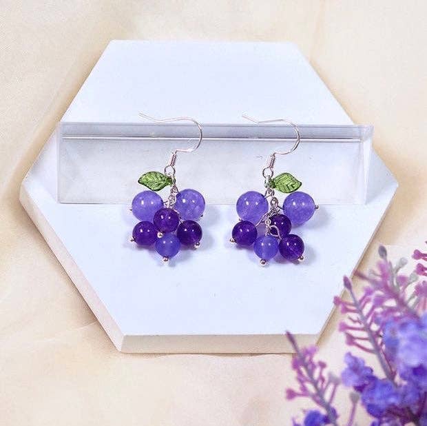 Haengseongworkshop - S925 Silver Lavender Jade Green Agate Amethyst 5-6mm Grape Leaf Dangle Earrings: Green