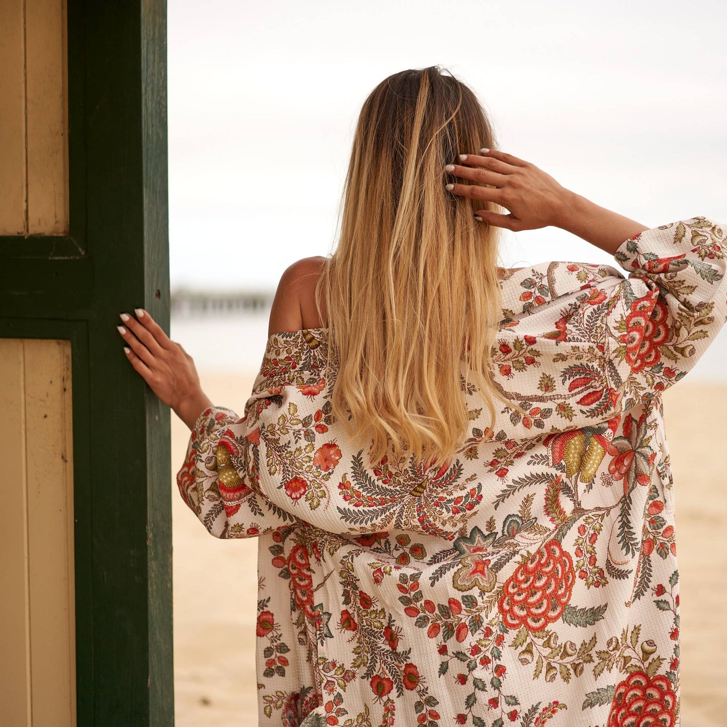 Linen Connections - Cotton Kimono | Bathrobe Frida | Waffle Robes - Bone Floral