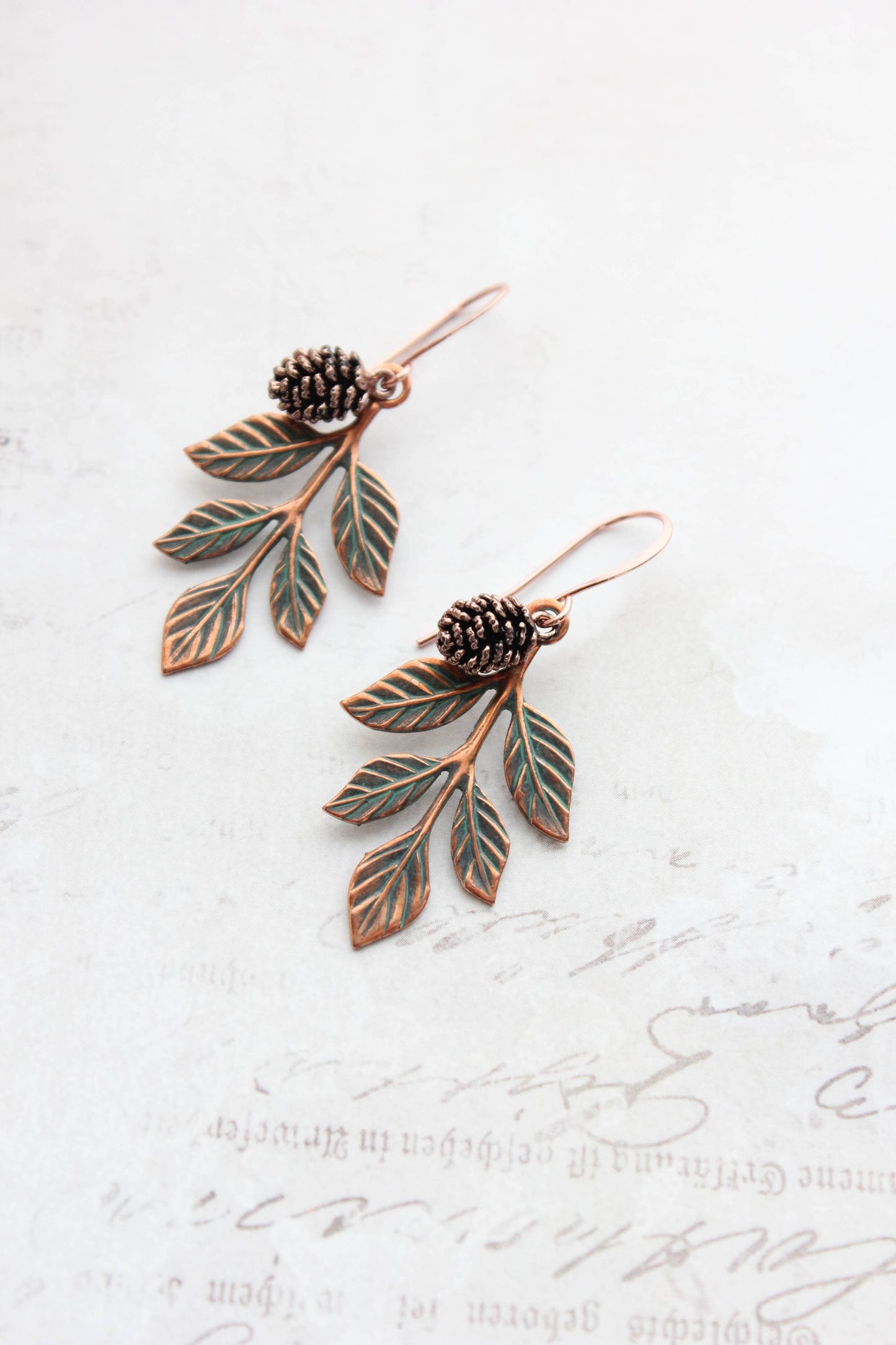 A Pocket of Posies - Branch and Pine Cone Earrings -Blush Mint Copper Patina