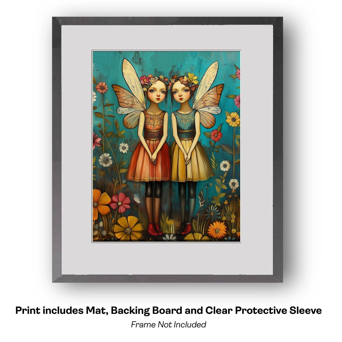 Mowbi - Folk Art Twin Fairies - Fairy Folk Art Prints – 8″x10″ Artwork in 11″x14″ Mat