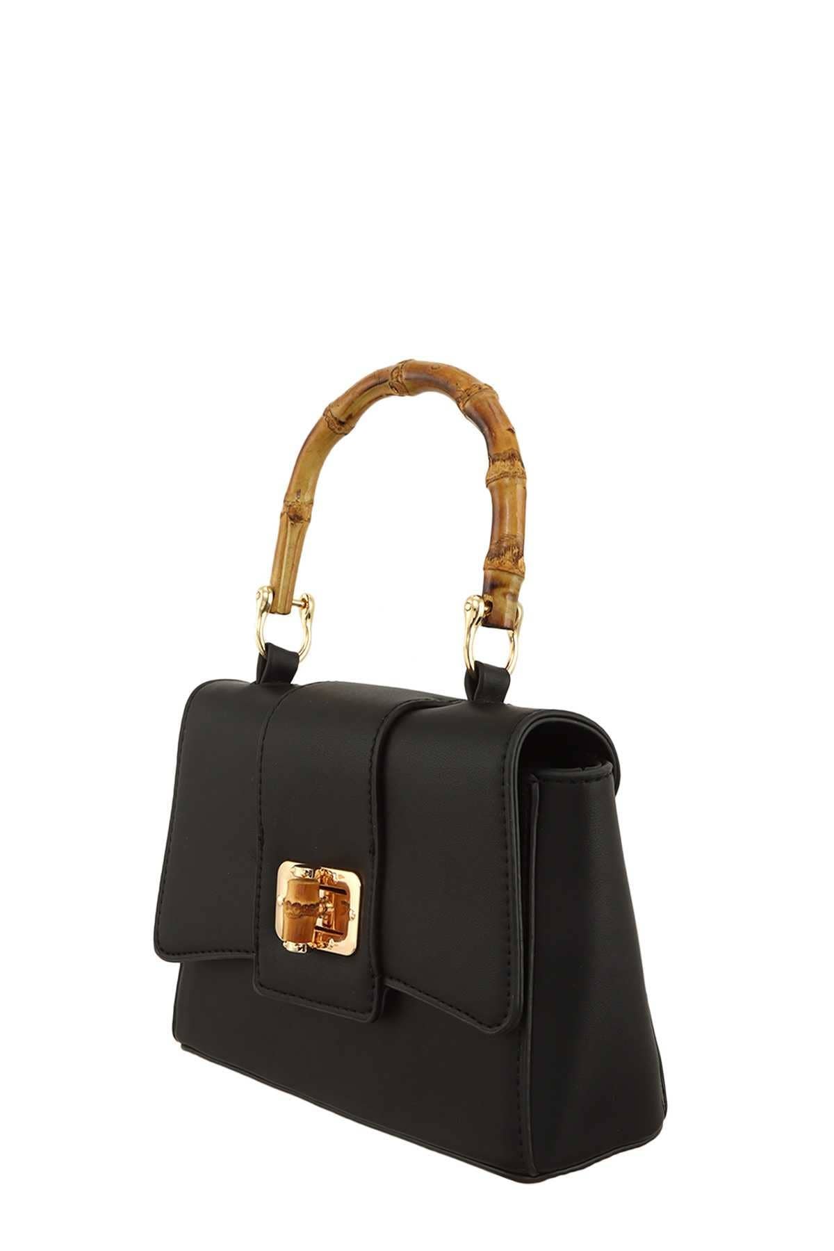 Shop Neighbors - Rectangular Crossbody Bag with Bamboo Handle: BLACK