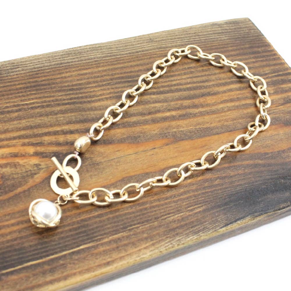 Pretty Persuasions - N20116 Pearl Ball Chain Link Collar Toggle Necklace: 01 GD