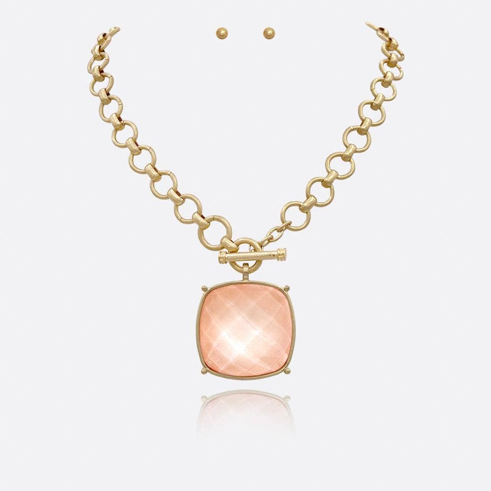 anbfashion - SQUARE STONE PENDANT CHAIN NECKLACE EARRING SET: APRC