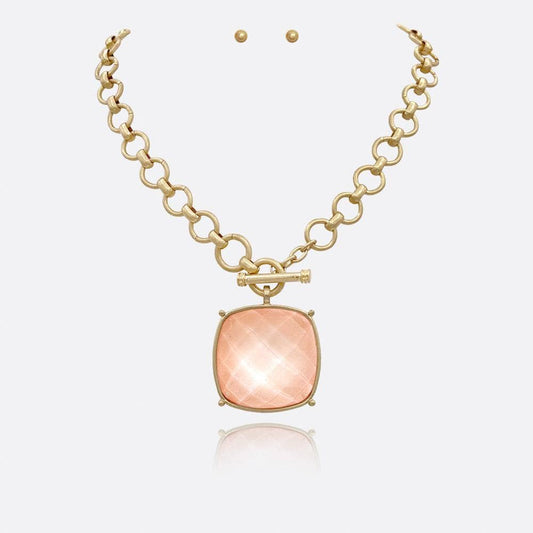 anbfashion - SQUARE STONE PENDANT CHAIN NECKLACE EARRING SET: APRC