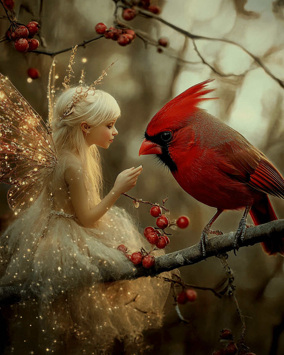 Mowbi - Fairy Talking to a Cardinal (Bird) - Fairies Wall Art Prints – 8″x10″ Artwork for 11″x14″ Frame