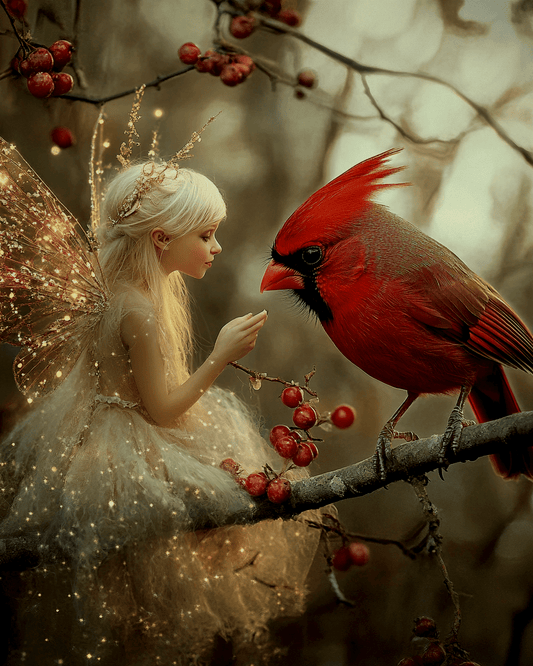 Mowbi - Fairy Talking to a Cardinal (Bird) - Fairies Wall Art Prints – 8″x10″ Artwork for 11″x14″ Frame