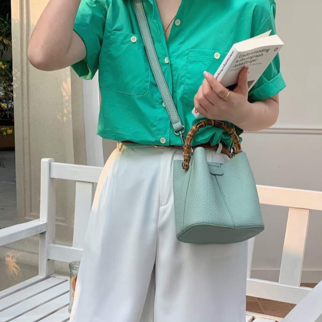 Pretty Persuasions - P23052 Bamboo Top Handle Crossbody Bag w/Cosmetic Pouch: 07 Green