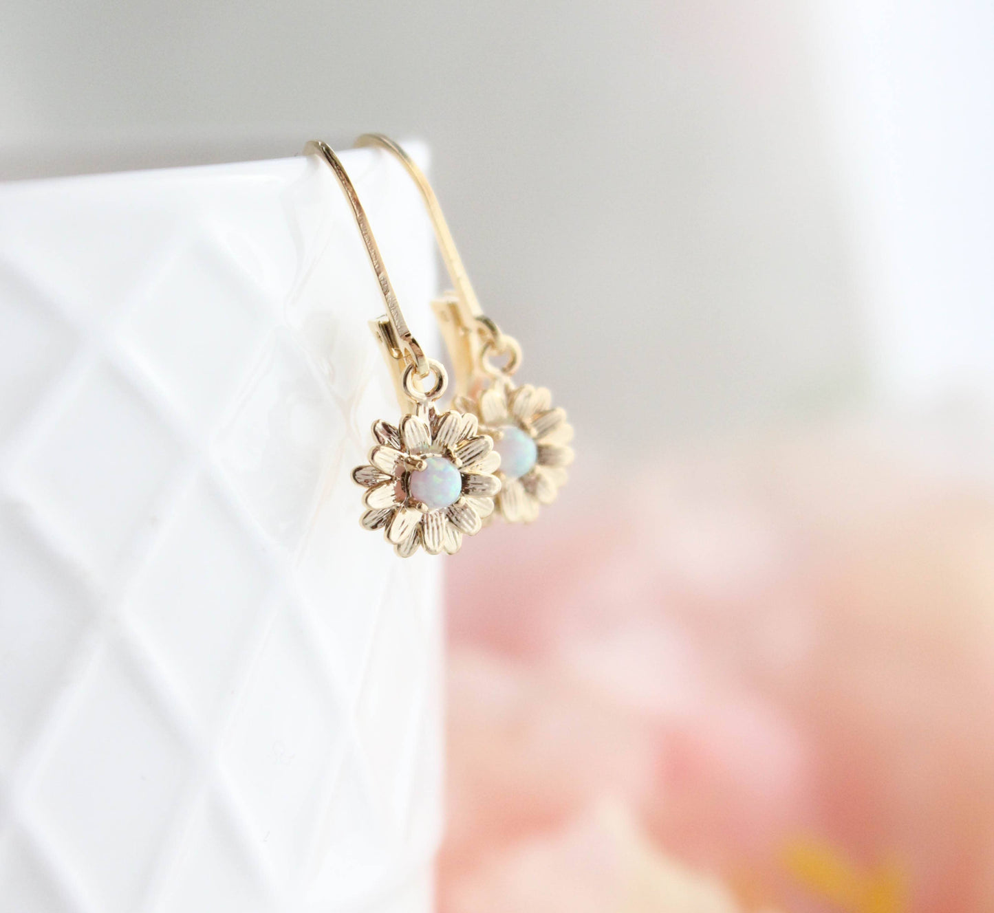 A Pocket of Posies - Little Daisy Earrings - Glossy Gold and Opal Glass