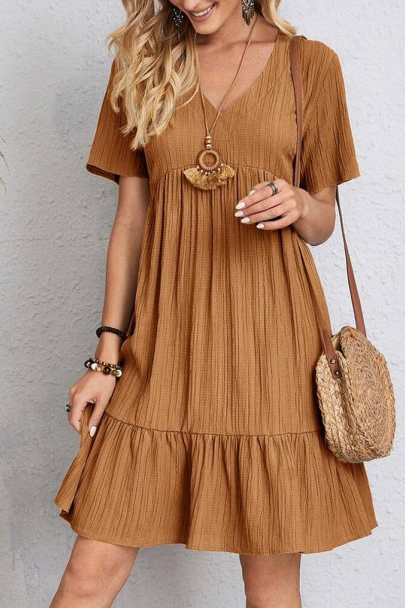 NINEXIS - CWDSD8232_SUMMER LOOSE CASUAL SHORT-SLEEVED DRESS: BROWN / (M) 1