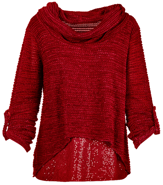 M Made In Italy - Sequin-Contrast Layered Cowl Neck Top Plus Size: Cranberry / 2X