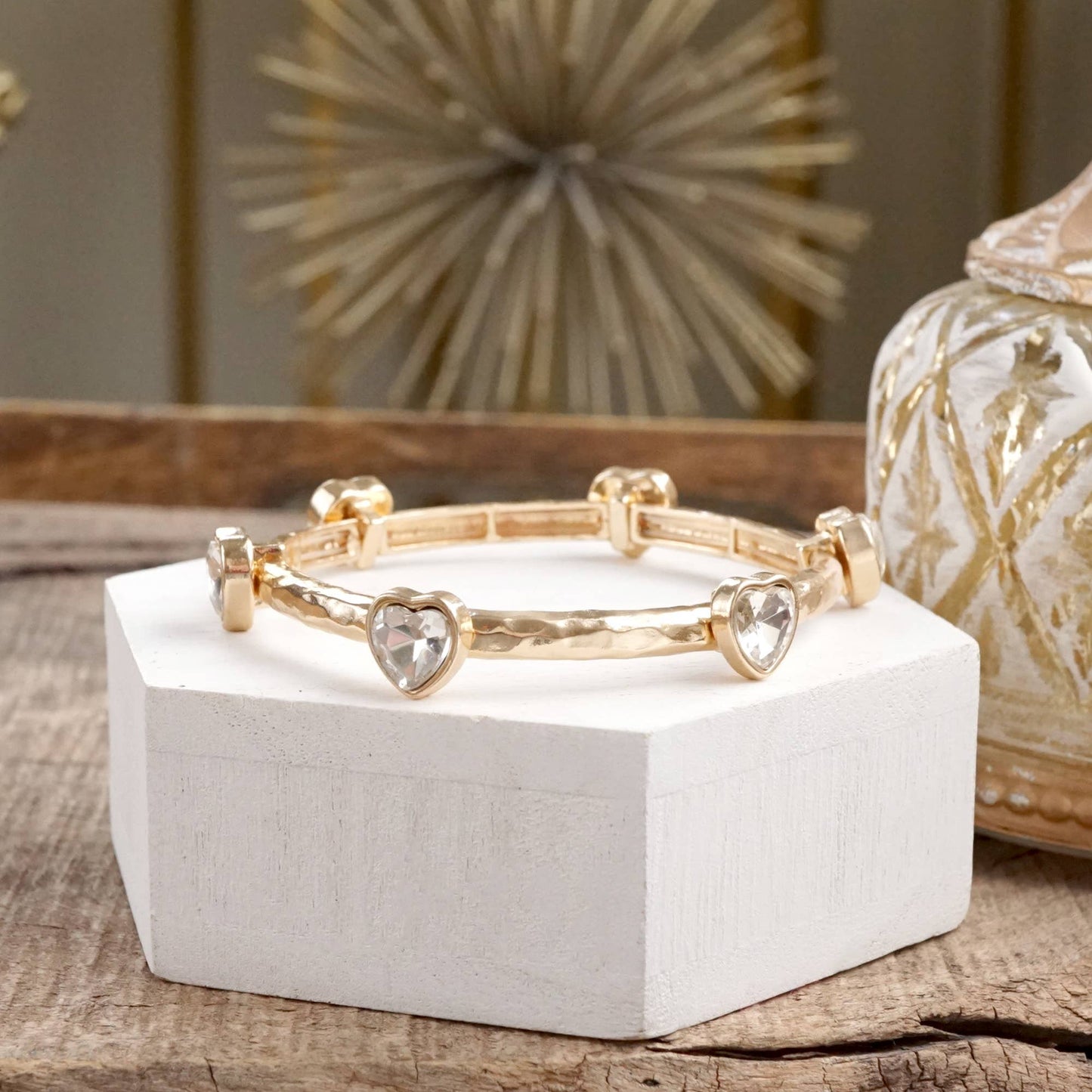 PennyLine inc - Heart Faceted Crystals Stretchy Stackable Station Bangles – Gold & Silver Tone: Gold Tone