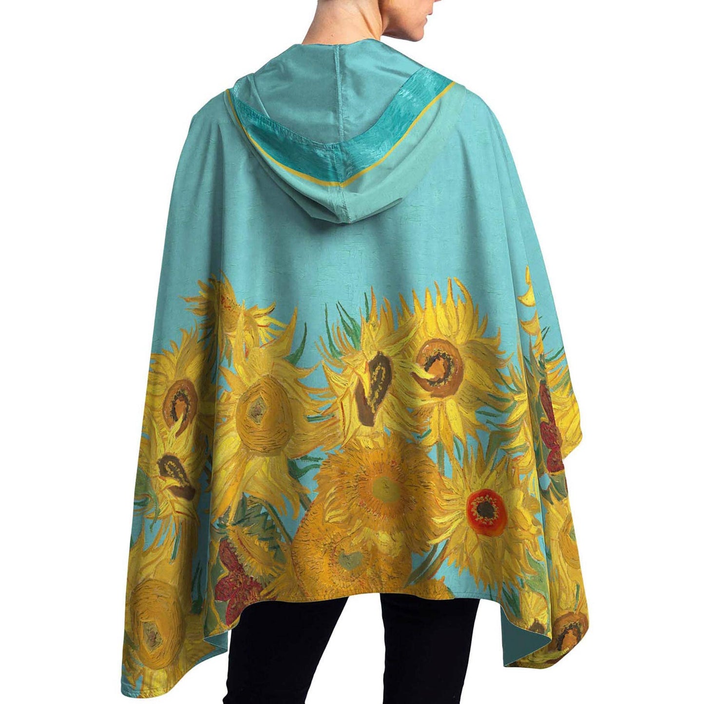 RainCaper - Van Gogh Sunflowers Reversible Rain Cape – Lightweight Hooded Wrap for Women