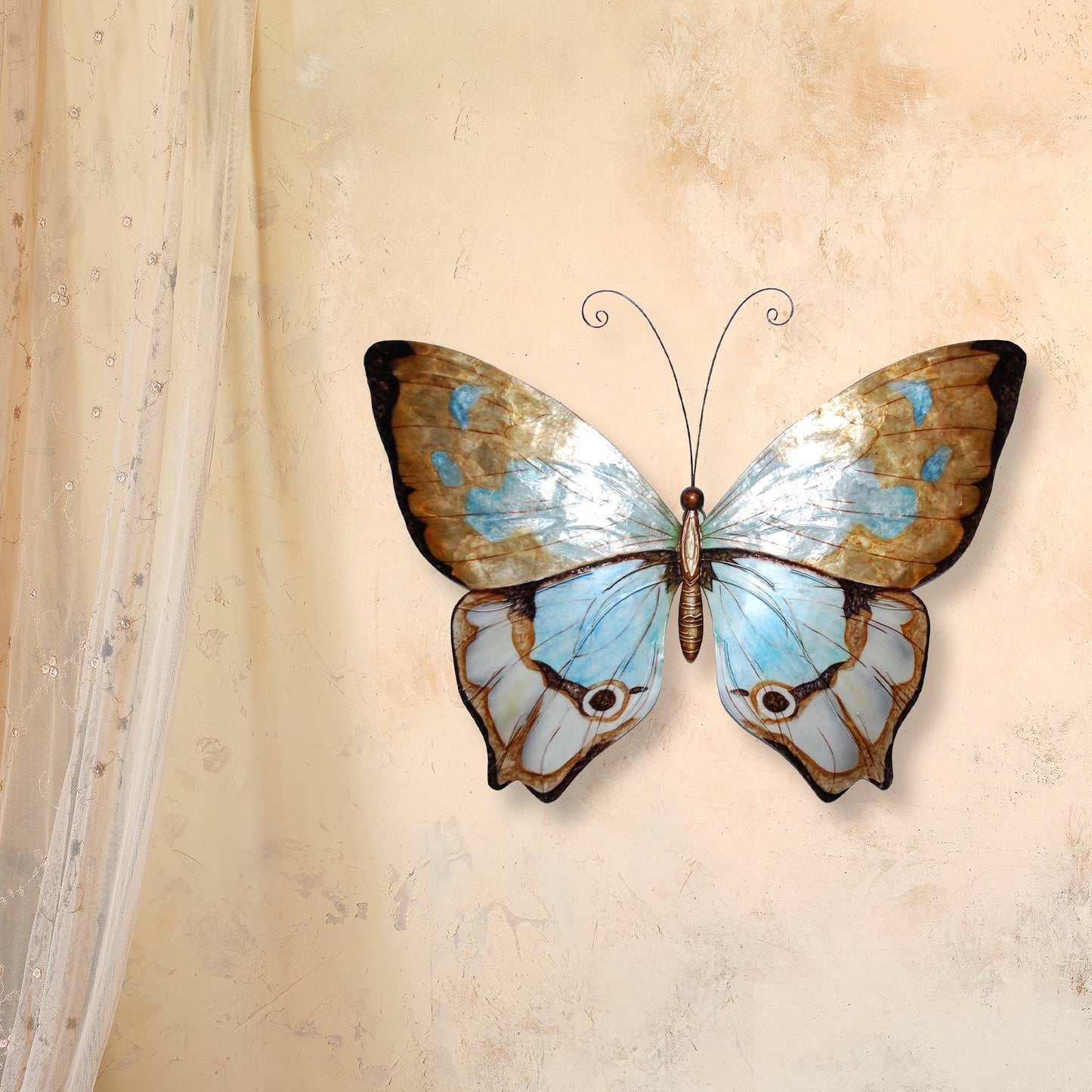 Eangee Home Design - Butterfly Wall Decor Copper With Aqua, w/ Capiz-Outdoor Safe