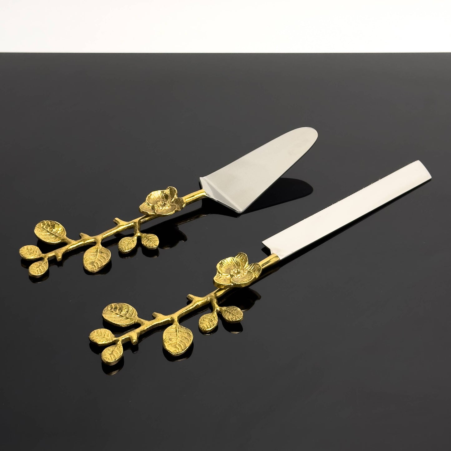 India Handicrafts Inc - Alu-Gold Floral Cake Servers, Set of 2