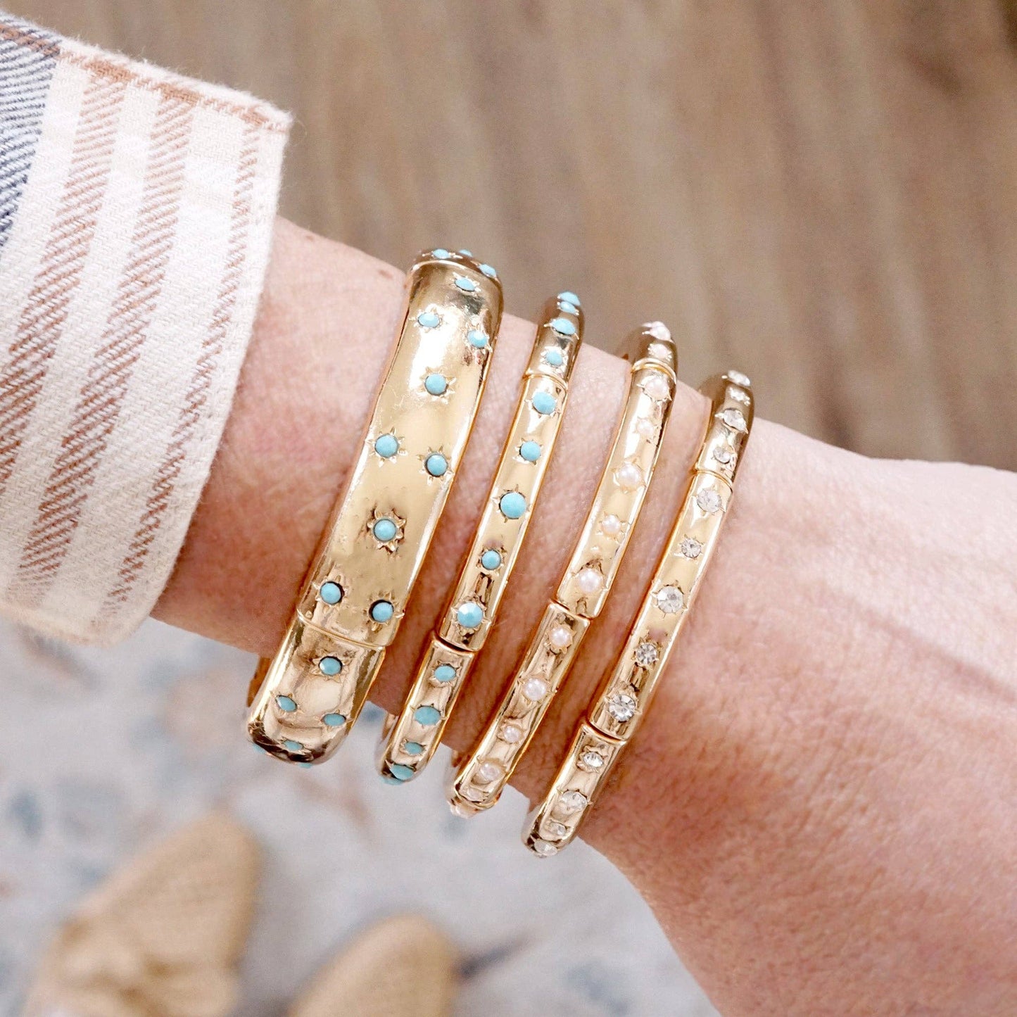 PennyLine inc - Gold-Tone Eternity Stretch Bangle – Pearls, Turquoise, or Crystals: Skinny - Pearls