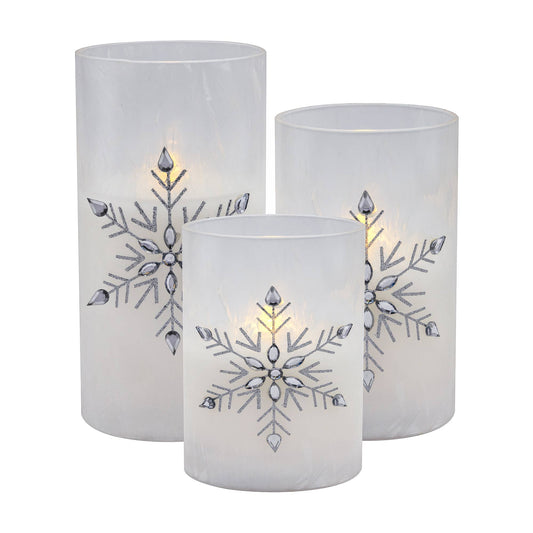 LumaBase - Battery Operated Glass Snowflake Hurricanes - Set of 3