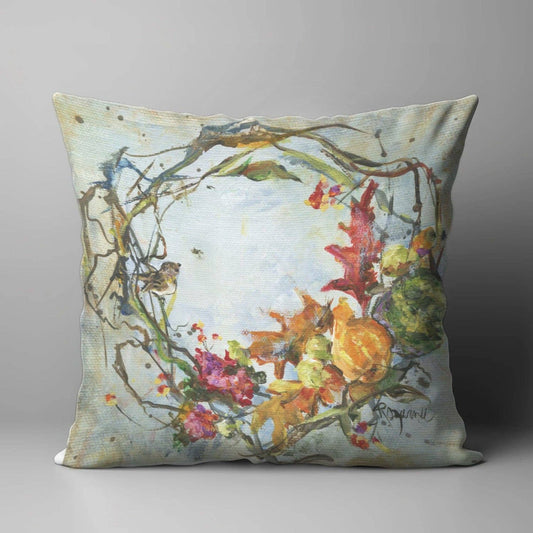 LuckyBird Apparel and Home - ROZIE'S FALL WREATH WITH GOURDS SQUARE PILLOW: 22"