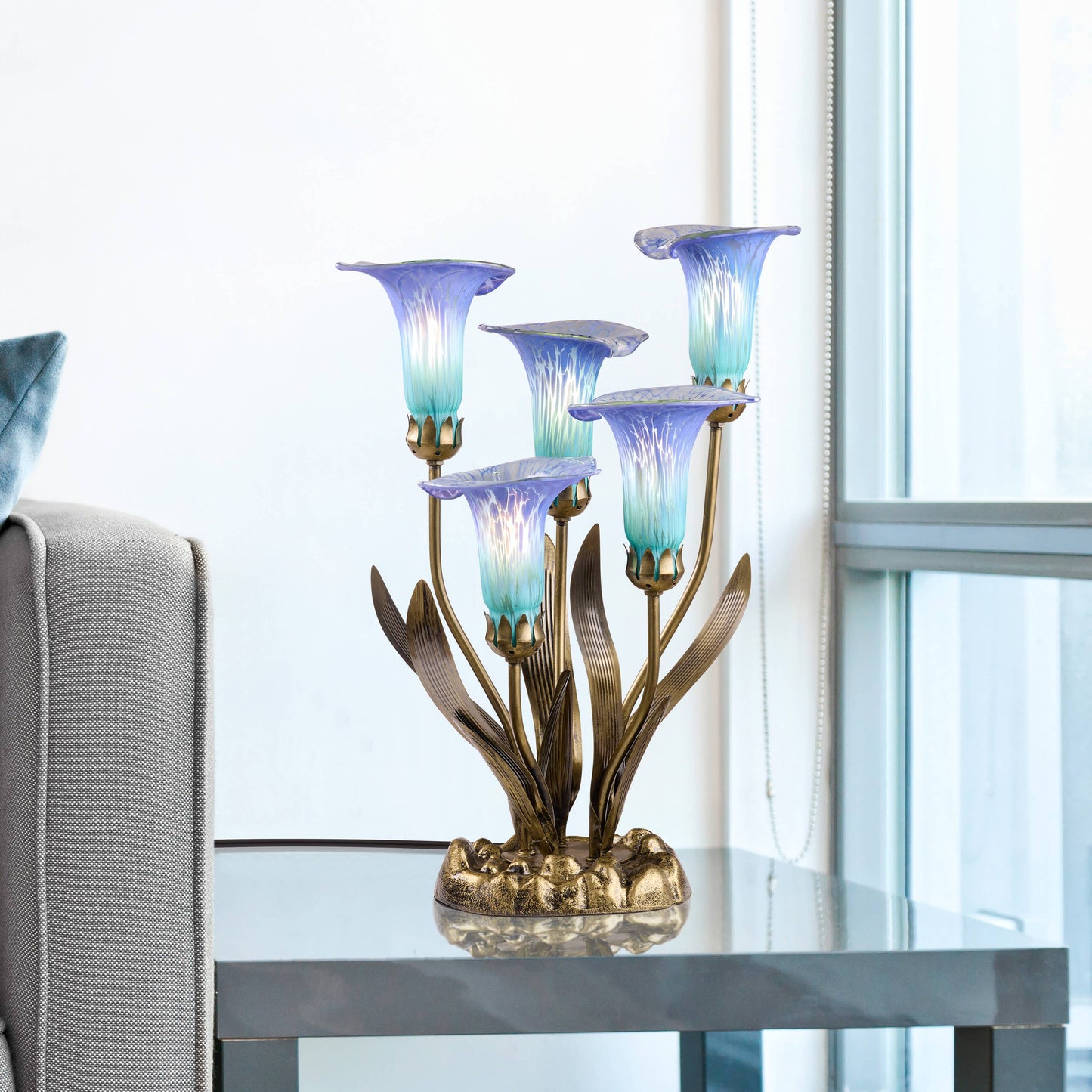 River of Goods - 20"H Teal Hand Blown Glass 5 Calla Lily Uplight Accent Lamp
