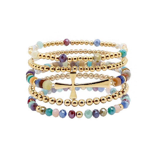 What's Hot - Set of 5 Gold, Multi Crystal, and Gold Cross Stretch Bracelet Set