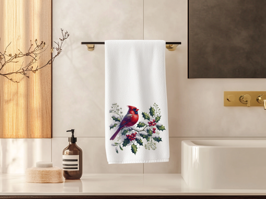 Fernville Creations - Cardinal Hand Towel, Winter Bath Accent, Powder Room Towel