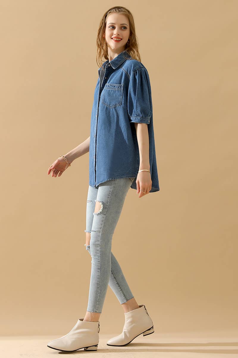 NINEXIS - CWJT0001-B_SHORT PUFF SLEEVE BUTTON DOWN DENIM SHIRTS: DENIM / (M) 1