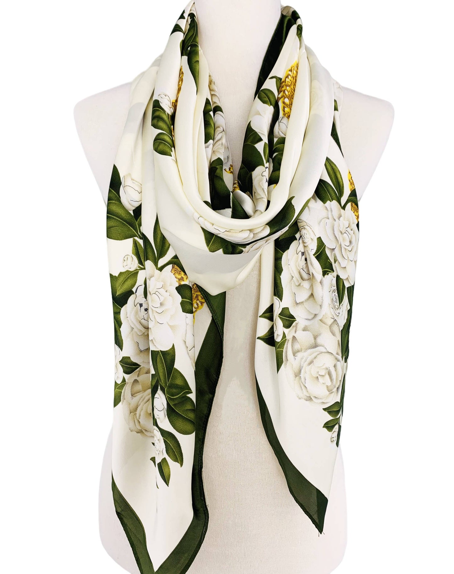 JC Sunny Fashion - JC023331 Silk-Feeling White-Green Floral Scarf