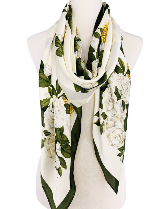 JC Sunny Fashion - JC023331 Silk-Feeling White-Green Floral Scarf