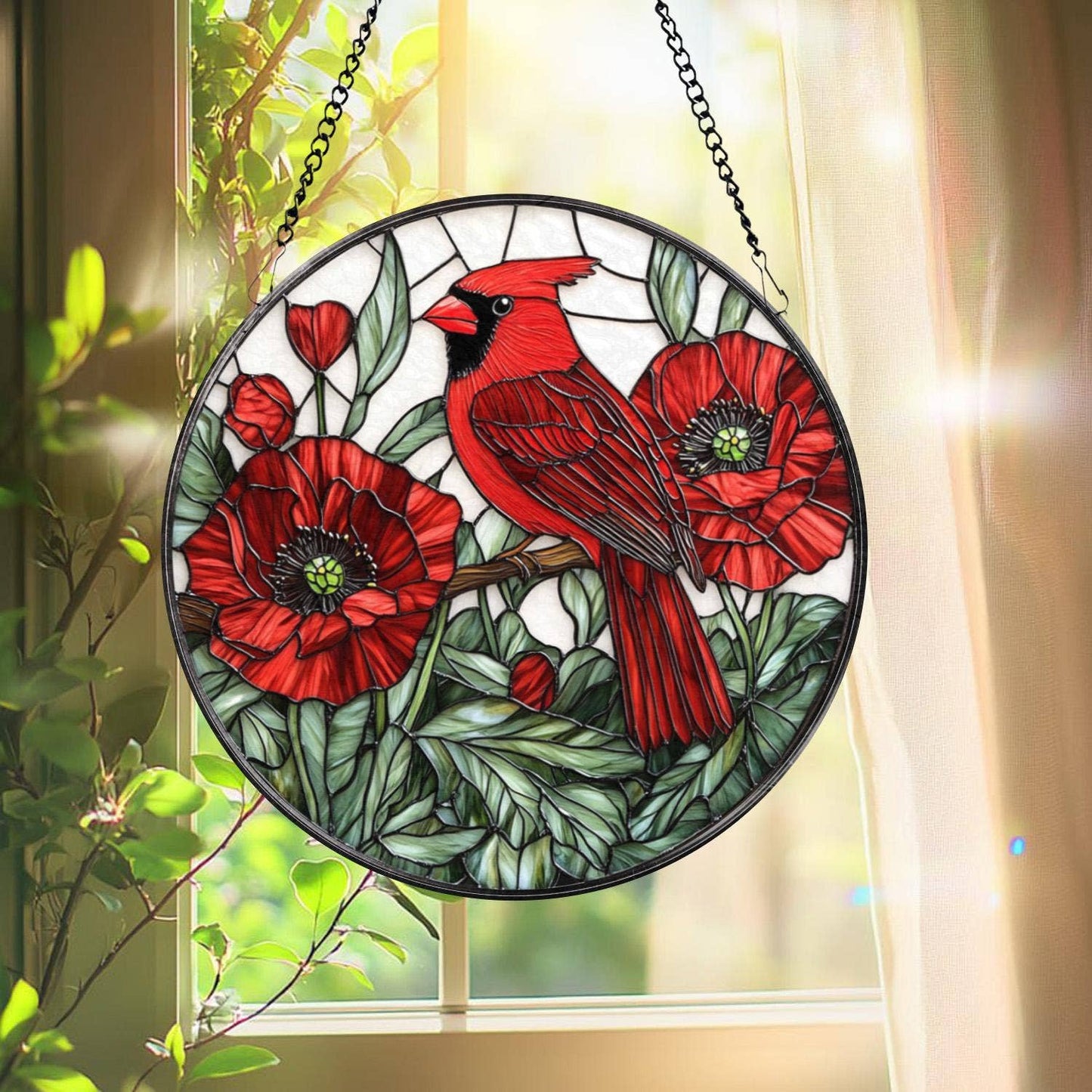 NVC Ecommerce LLC - Cardinal and Red Poppy Suncatcher, Floral Ornament: 11.8in