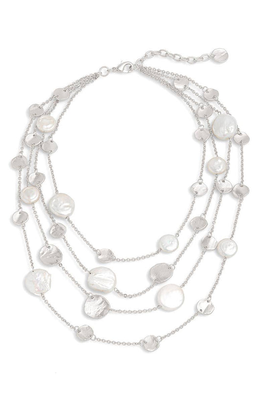 KARINE SULTAN - Chic Multi-Strand Coin & Flat Pearl Statement Necklace: Silver