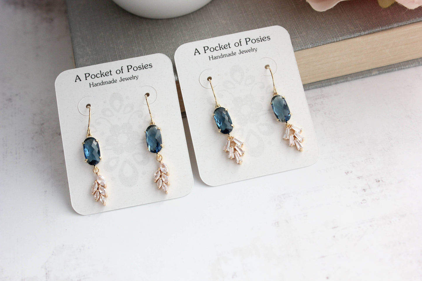 A Pocket of Posies - Sparkling Crystal Earrings | Leaf Earring | Blue Earrings: Navy Blue