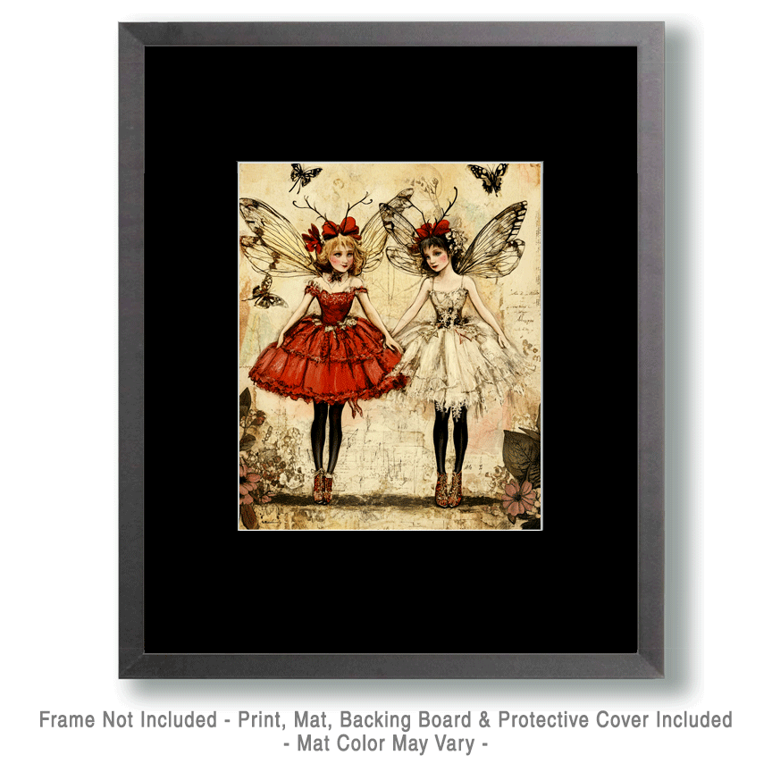 Mowbi - Vintage Fairy Pair - Fairies Wall Art Prints – 8″x10″ Artwork for 11″x14″ Frame