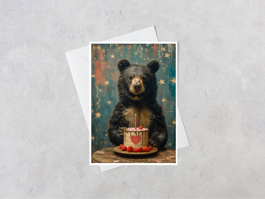 Salty Alyce -  Bear With Raspberry Heart Cake Blank Card 102AS