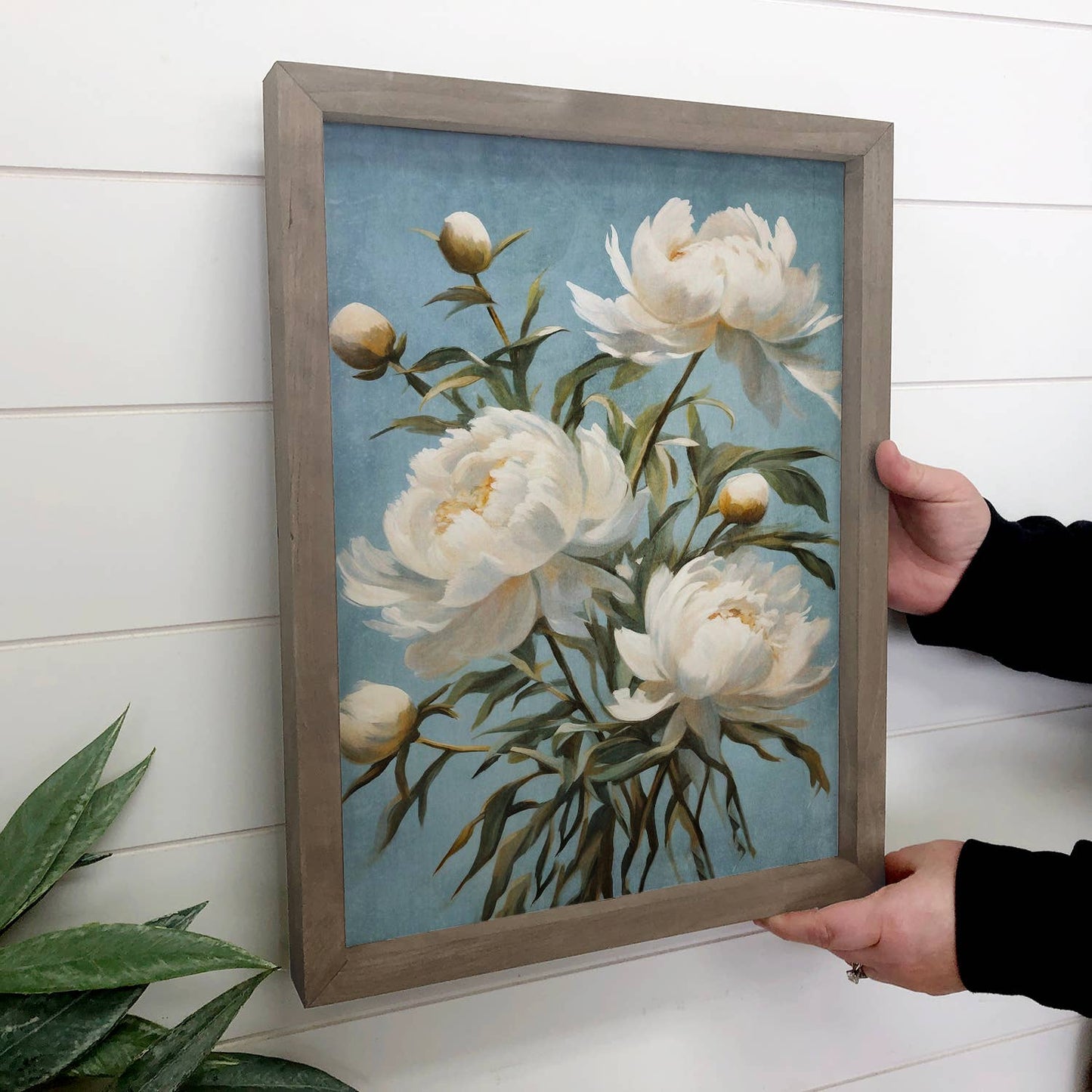 Hangout Home - White Peonies Blue Background - Floral Canvas Art -  Framed: 24x36" Extra Large Canvas Art with Thick Wood Frame