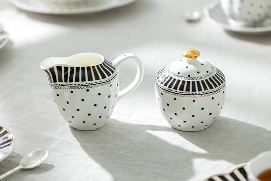 Grace Teaware - Black Josephine Stripes and Dots Fine Porcelain Sugar & Creamer Set