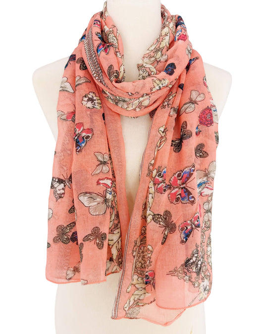 JC Sunny Fashion - JC021501 Coral-Multi Butterfly Scarf