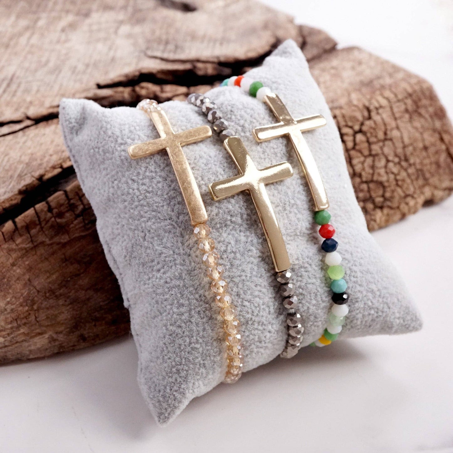 PennyLine inc - Minimal Sideways Cross Bracelet with Glass Beads Gold tone: Champaign Glass Beads