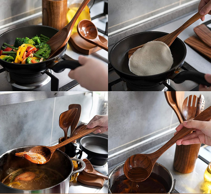 Woodenhouse - 12 pcs Wooden Utensils Set with Holder, Spoon Rest & Hooks