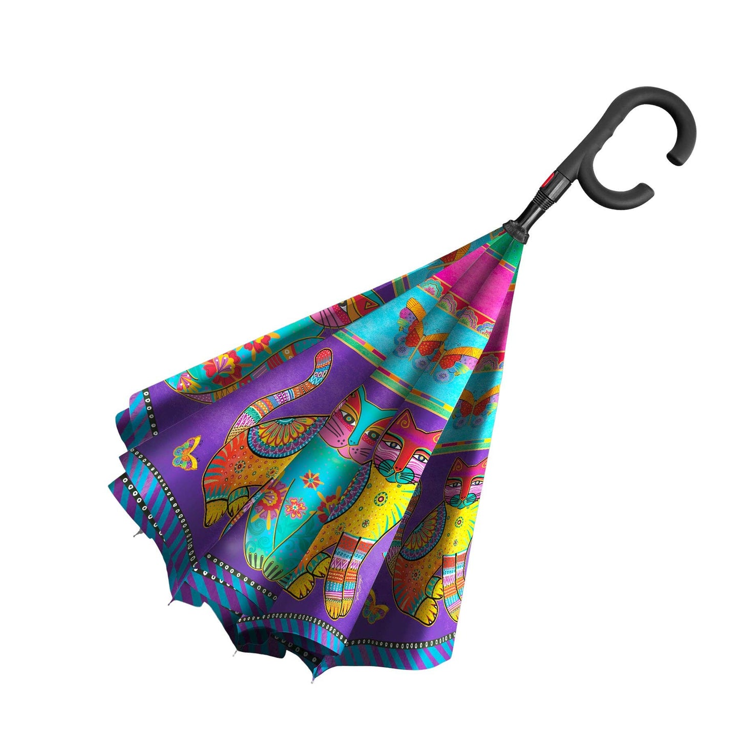 RainCaper - Laurel Burch Cats & Butterflies Reverse Inverted Umbrella – Hands-Free, Windproof Design