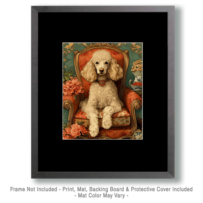 Mowbi - Poodle in Red Chair - Pet Dog Still Life Wall Art Prints – 8″x10″ Artwork for 11″x14″ Frame