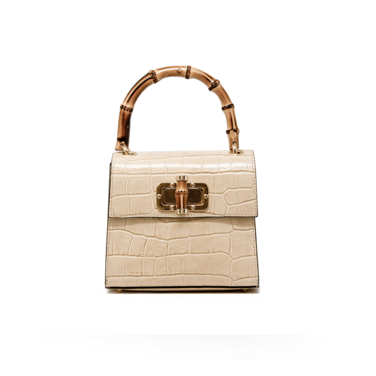 German Fuentes Handbags - GF1922 GENUINE ITALIAN LEATHER BAMBOO HANDLE BAG: BEIGE