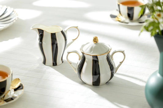 Grace Teaware - Black and White Scallop Fine Porcelain Sugar and Creamer Set
