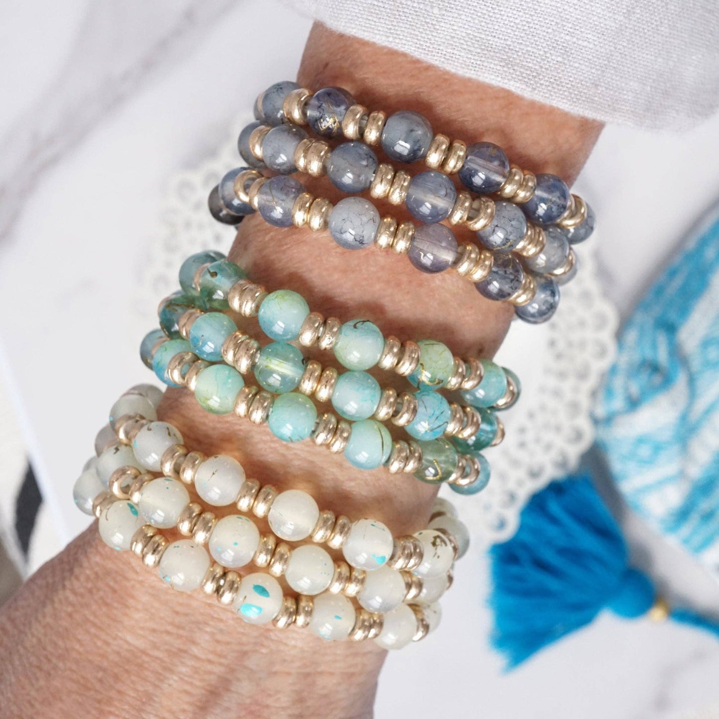 PennyLine inc - Glass Beaded Bracelet Stack with Worn Gold Accents – Green, Cream, or Gray: Gray