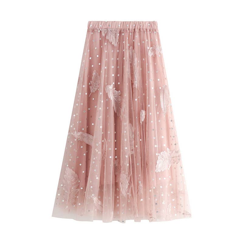 PEACH ACCESSORIES - SK112 Polka Dot and Feathers Detailed Skirts: Off-White