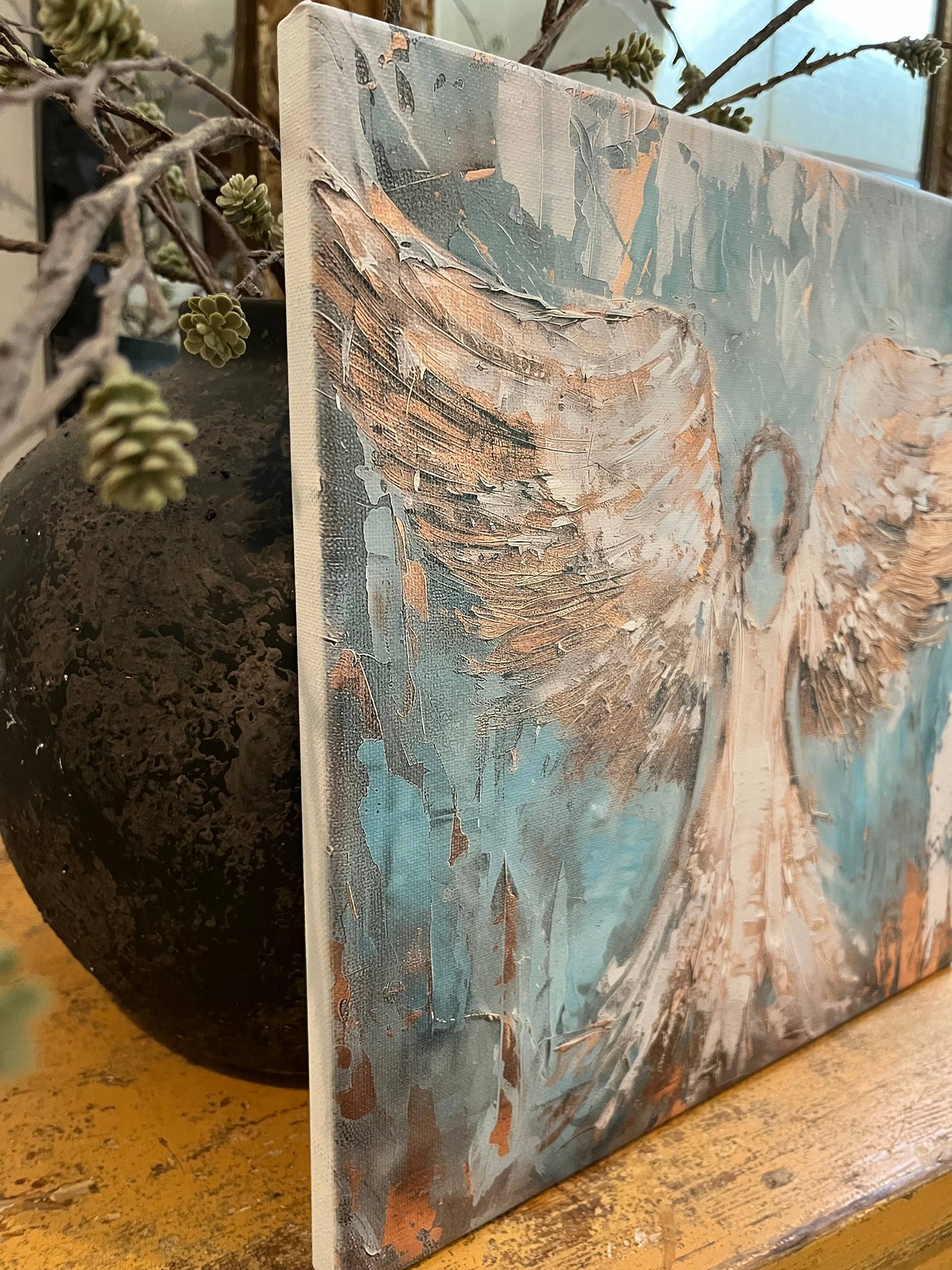 Rustic Nester - Angel canvas art print, Christian home wall decor, Spiritual: 12x12