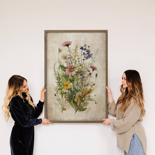Hangout Home - Gathered Wildflowers - Framed Flower Canvas Art - Farmhouse: 24x36" Extra Large Canvas Art with Thick Wood Frame