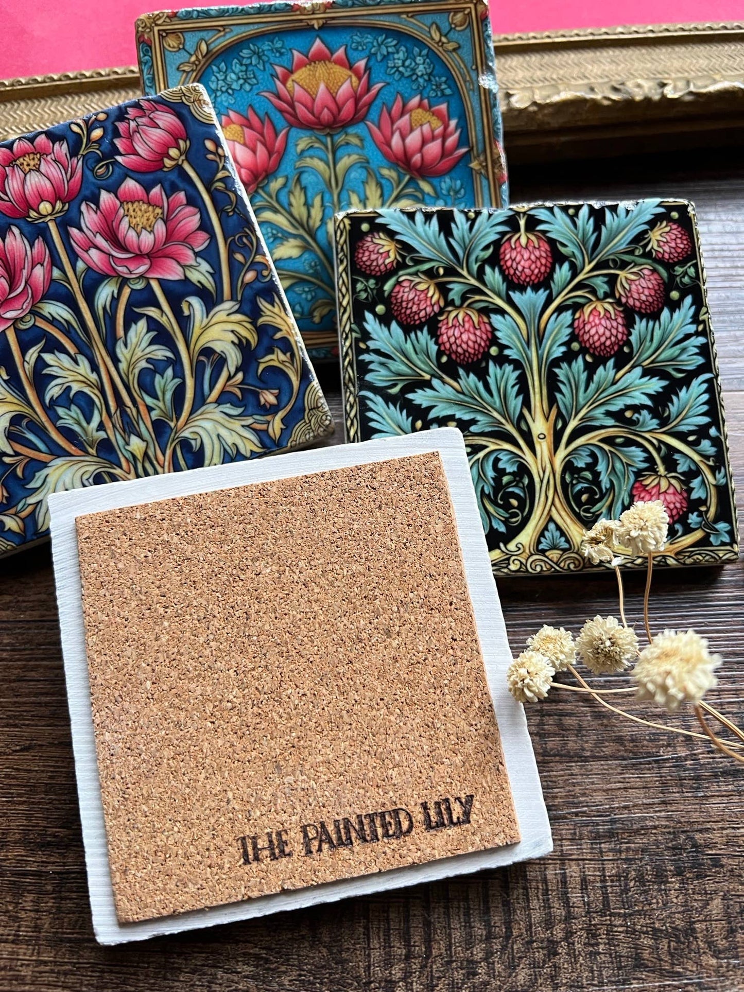 The Painted Lily - William Morris inspired stone coasters - case of 4