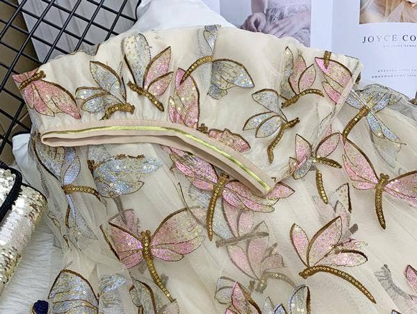 PEACH ACCESSORIES - Shimmery Dragonfly Embellished skirt in Cream SK166: Silver