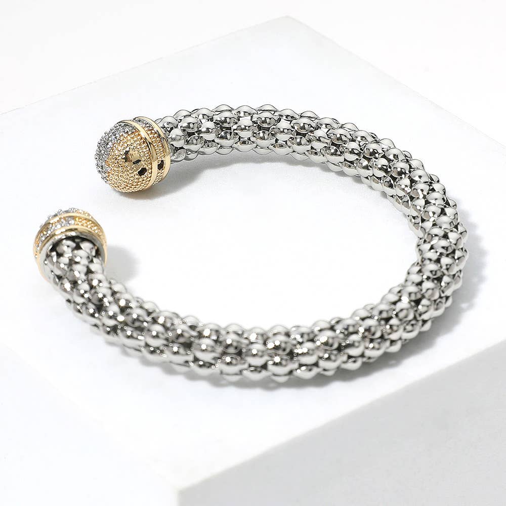Sensibling Corp. - Two Tone CZ Stone Paved Tip Textured Cuff Bracelet