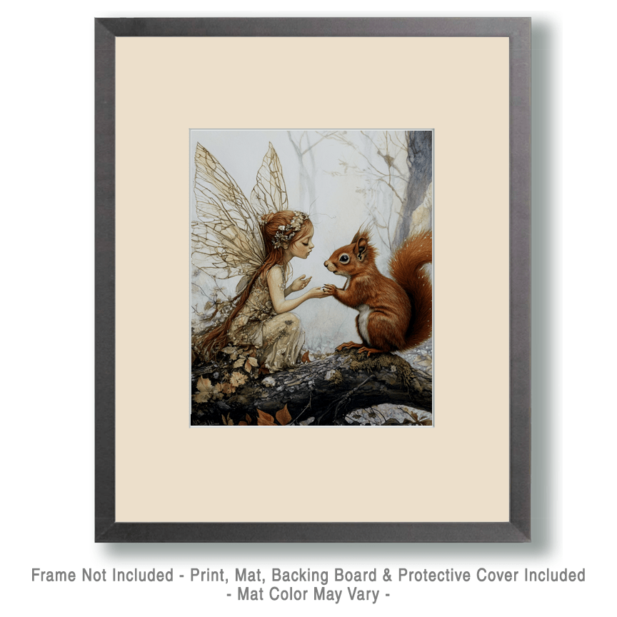 Mowbi - Fairy Confides in Red Squirrel - Fairies Wall Art Prints – 8″x10″ Artwork for 11″x14″ Frame