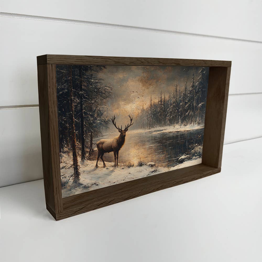 Hangout Home - Winter Lone Deer - Winter Canvas Wall Art - Wood Framed Art: 24x36" Extra Large Canvas Art with Thick Wood Frame